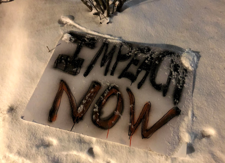 mcm_ind's tweet photo. Snow Falling On Cedars it ain't, but these are the times in our country. One of many signs in Rockland, Maine tonight. #ImpeachmentEve #NobodyIsAboveTheLaw #MainersForImpeachment https://t.co/azMCF0QwlV