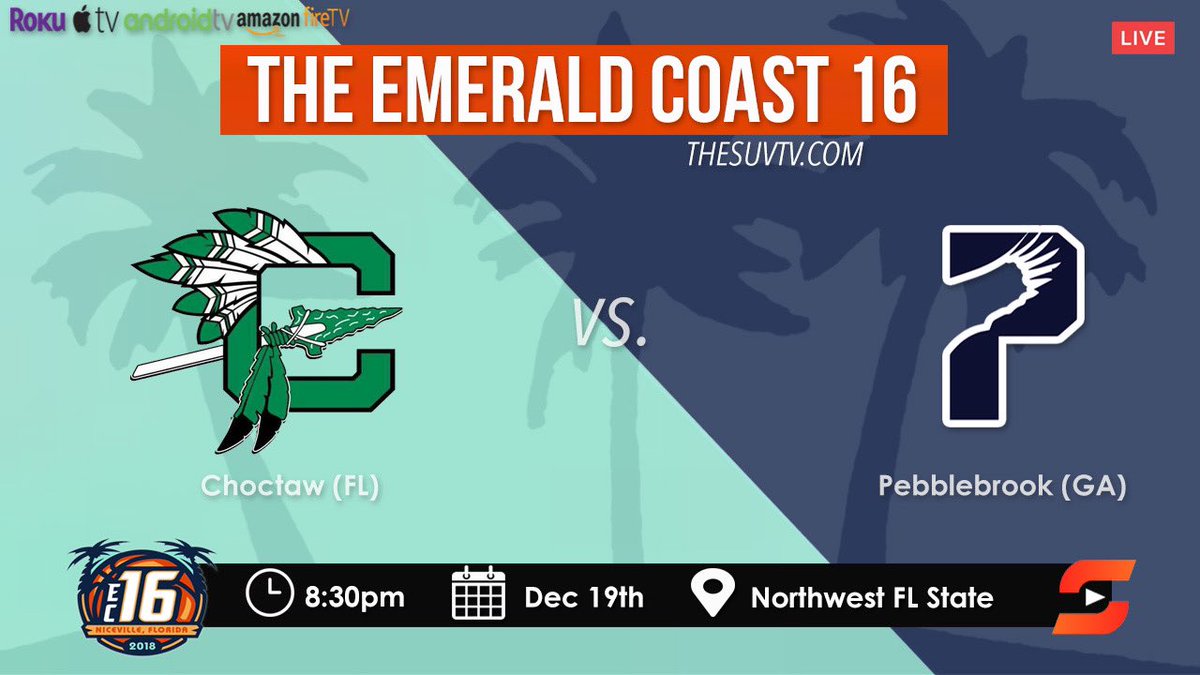 SUVtv's tweet photo. 🌴#EC16 - Day 1
🏀Choctaw (FL) vs Pebblebrook (GA)
📅Thur., Dec. 19
⏰8:30pm CST
📍Northwest Florida State College - Niceville, FL
📌https://t.co/CrMNSpETvM
📺https://t.co/XaLSOCoKTQ
@Choctawbball @PBrookhoops @phsfalconsports @ChoctawHS @ChoctawIndianBB @BigGreenIndian #SUVtv https://t.co/c9J5AndY1x