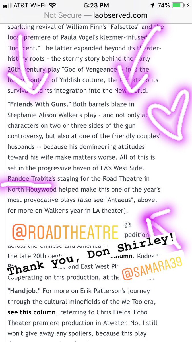 Don Shirley recognized Eight Nights by @jennifermaisel and my play The Abuelas @AntaeusTheatre as well as Friends With Guns at @roadtheatre as part of his highlights of 2019 and it feels very nice. Thank you, Mr. Shirley! @RFreedmanAgency #LAThtr #newplays #womenplaywrights