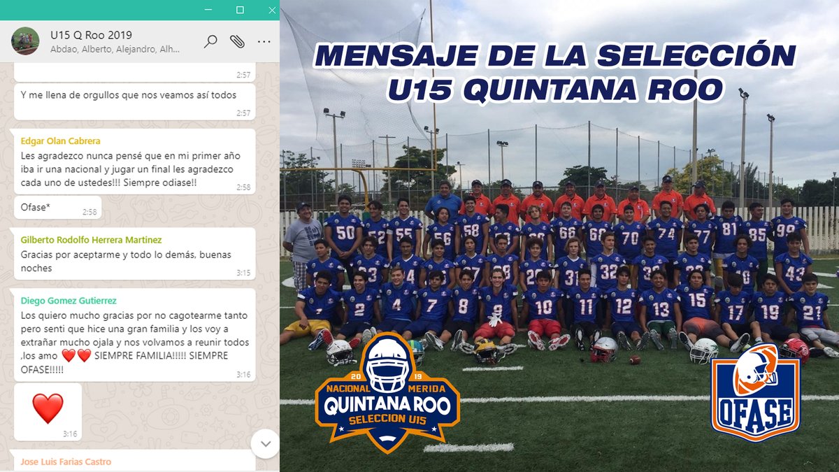 OFASEoficial's tweet photo. SELECCIÓN U15 QUINTANA ROO
Grandes Jugadores, grandes seres humanos 🏈🎖️🏆
Una gran experiencia....
Esto piensan los jugadores de su participación...👍😍💯
Por ellos y para ellos... #SomosOFASE https://t.co/FHjnMHi8Rr