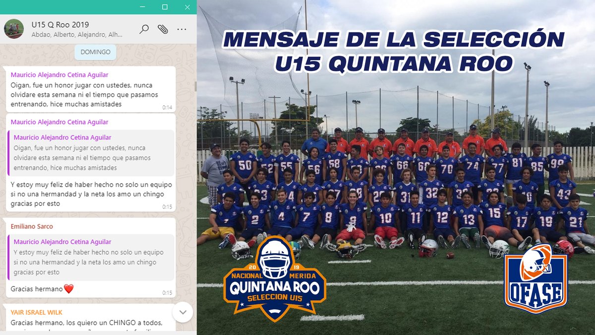 OFASEoficial's tweet photo. SELECCIÓN U15 QUINTANA ROO
Grandes Jugadores, grandes seres humanos 🏈🎖️🏆
Una gran experiencia....
Esto piensan los jugadores de su participación...👍😍💯
Por ellos y para ellos... #SomosOFASE https://t.co/FHjnMHi8Rr