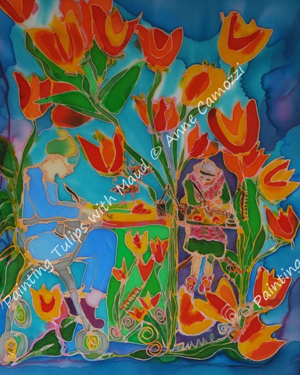 Day 17 #artadventcalendar #ArtAdventCalendar Maud Lewis is a famous Canadianfolk artist-a movie “Maudie” was made about her.This is me on my walker (before wheelchair days), painting with Maud and tulips inspired by one of her paintings. Our paintbrushes touch #annecamozziart