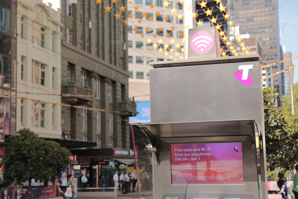 Telstra_news's tweet photo. Looking to connect with loved ones over Christmastime? Free local, national and standard mobile calls from Telstra payphones around the country, as well as selected Telstra Air Wi-Fi access points, open up again this year. https://t.co/GUu1QLTk5T https://t.co/DAcTeIfCb8