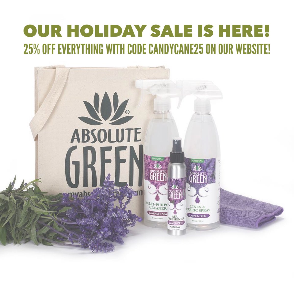 absolutegreen's tweet image. Our holiday sale is here! Stock up on #ecofriendly and #crueltyfree cleaning essentials! Use code CANDYCANE25 at absolutegreen.com