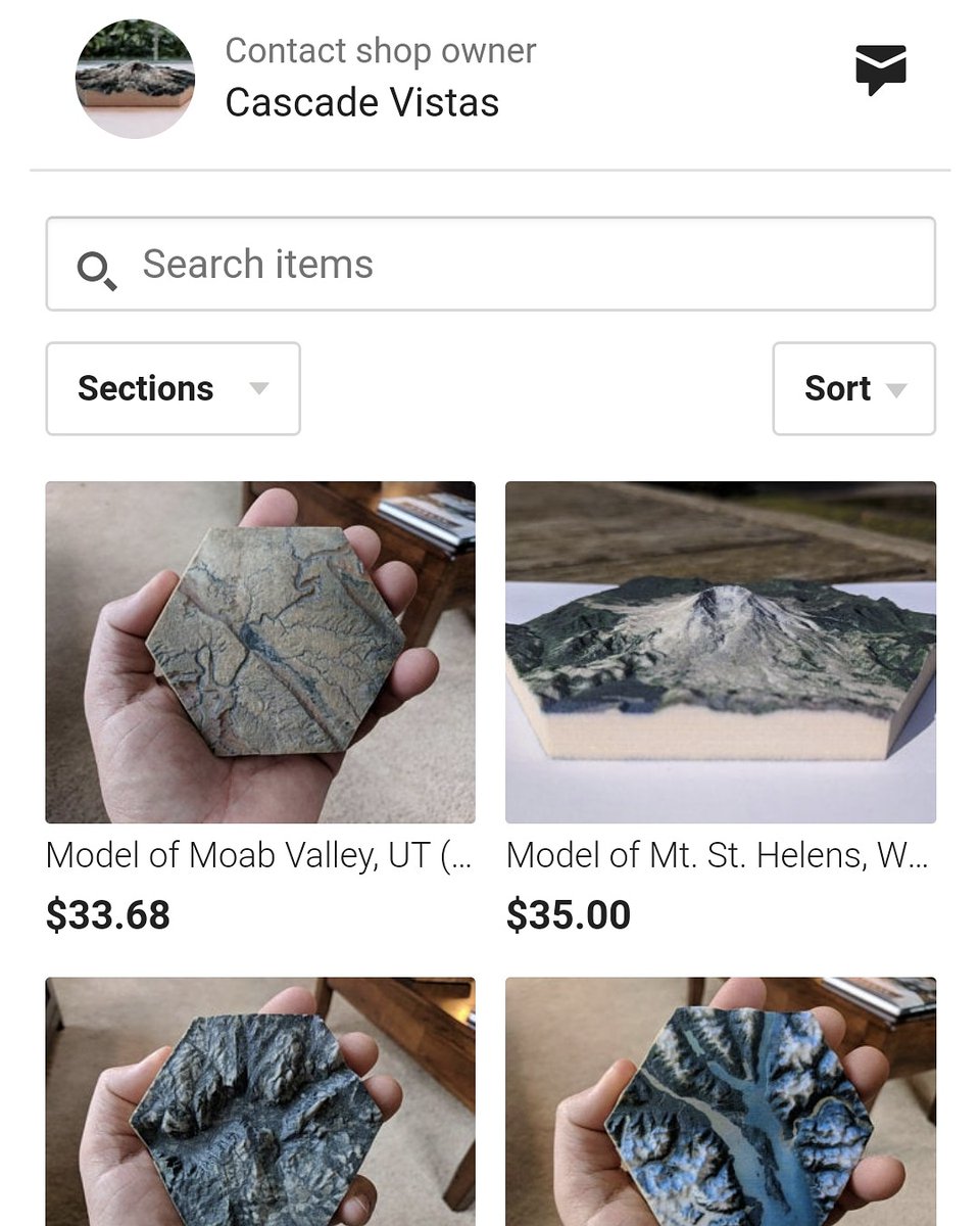 CascadeVistas's tweet photo. It's been awhile! I now have an Etsy shop for my 3d printed models. DM me with questions!

PS, you can avoid the 3.5% on Etsy items if you go directly to Shapeways.

#topography #cascadia #volcanoes #moab #yosemite #alaska #sedona #mountrainier #mtsthelens #elcapitan #halfdome https://t.co/AvYDaVBAhK
