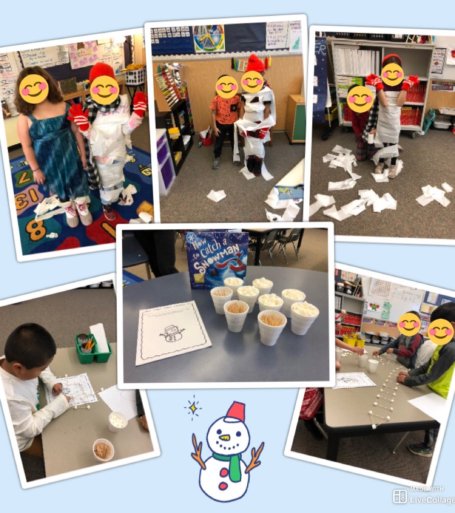 ElizabethWJ's tweet image. Want to catch a snowman? First grade put on their engineer hats to design and build traps for snowmen...and then we turned into snowmen!!! #funinfirst #10daysofwintercountdown #huskylearning #pawsome