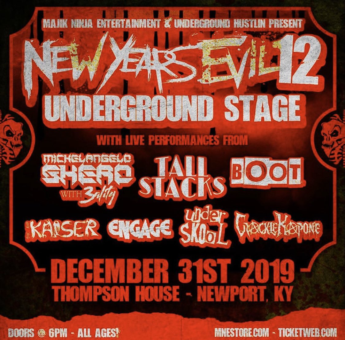 majikninjaent's tweet photo. We have some of the best up and comers lined up for the second stage at #NewYearsEvil12 💀
It all goes down at #thompsonhouse in Newport, KY!!!
VIPS & Tickles @twiztidshop (https://t.co/WeqdfBKfMM)
Peep 👀 the details!!!
#mne2019 #livemusic #rap #underground #rittz https://t.co/O5bZ556N2z
