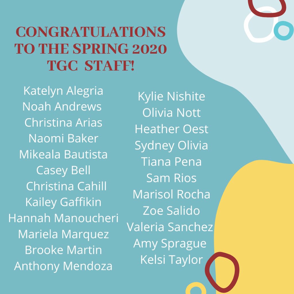 TehamaGroup's tweet photo. TGC is excited to announce our Spring 2020 PR staff! Congrats to our returners and the new staff. You will be part of our 30th anniversary celebration! 🎉 #TGCPR #JourPR #ChicoState #TheBig30 https://t.co/En87oscZYt