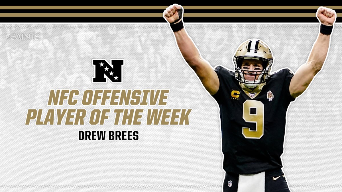 Saints's tweet photo. Drew Brees' historic performance leads to another honor:

NFC Offensive Player of the Week!

#Saints https://t.co/0GneJrv4P9