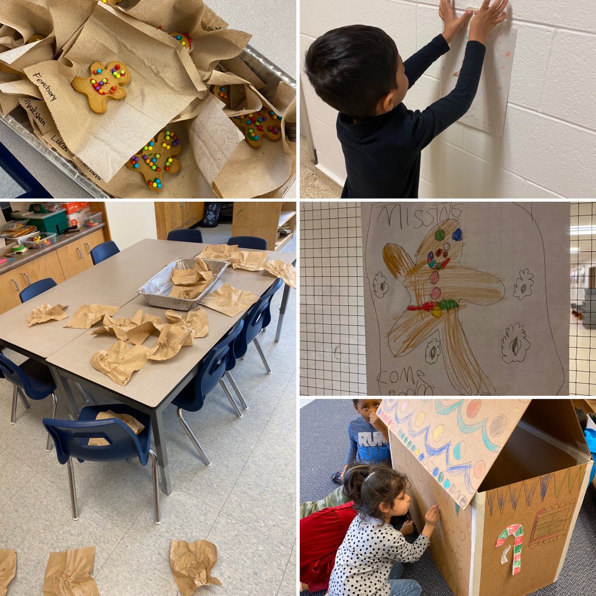 KinderNg10's tweet photo. When our gingerbread friends go missing, we need a game plan. Missing posters, an announcement made by the boss, and a house for when they decide to come back to us. #tdsb #funinkinder @MauroPaluzzi @TWPublicSchool @sawh4kids https://t.co/C68anz38wI