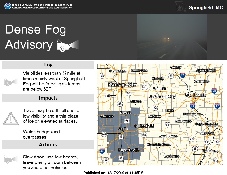 Dense freezing fog is likely overnight mainly west of Springfield. Be careful if out and about overnight into Wednesday morning. #MOwx #KSwx