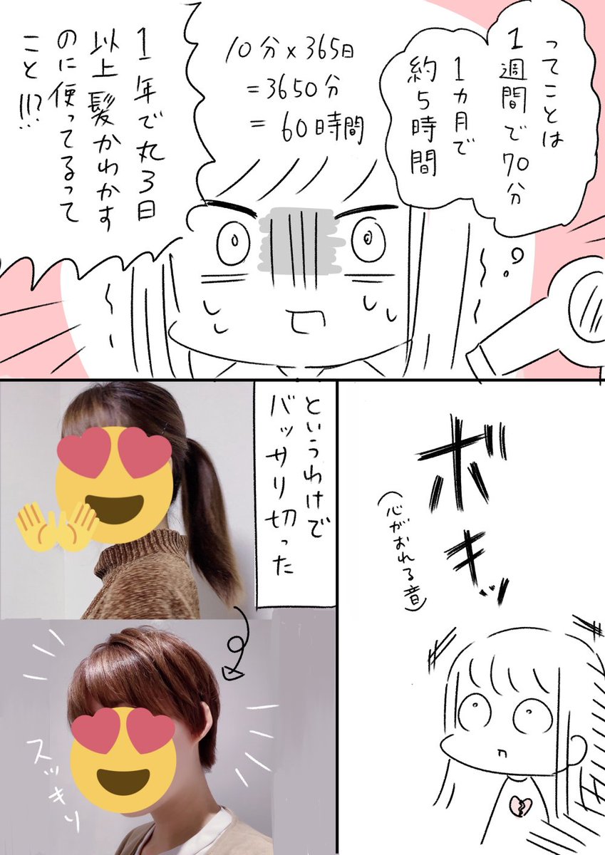 1年で60時間も髪乾かすのに使ってるってこと ポニーテールを切り落とした理由を描いた漫画に共感の声 もう髪伸ばせない ショートも維持が大変 Togetter