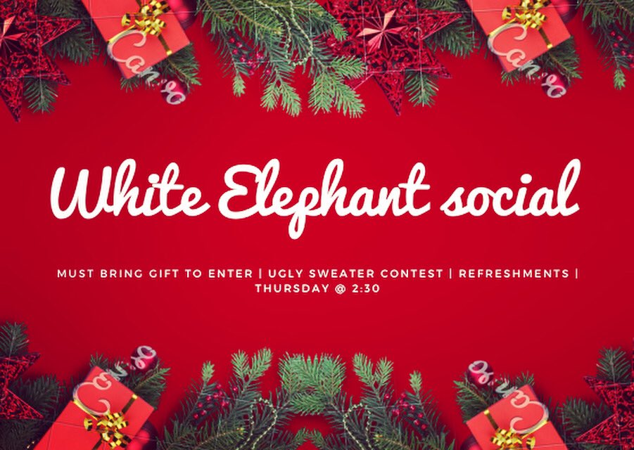 LancerDrama's tweet photo. Come to the White Elephant Christmas social this Thursday’s at 2:30! You must bring a gift to get into the social (nothing more than $10) https://t.co/yw1iZT8rMZ