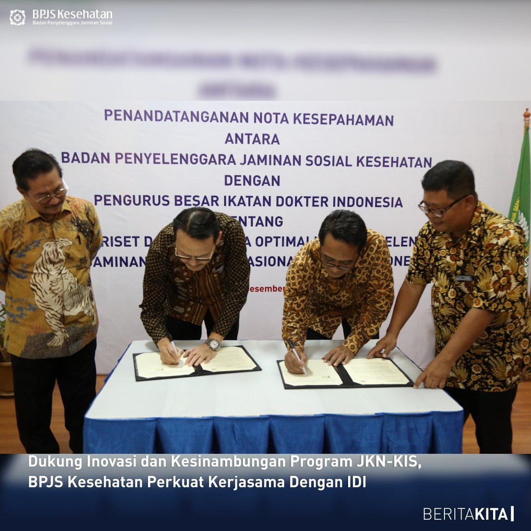 BPJSKesehatanRI's tweet photo. BPJS Kesehatan dan Pengurus Besar Ikatan Dokter Indonesia (PB IDI) sepakat untuk memperkuat kerja sama di bidang riset dan inovasi pelayanan kesehatan dalam rangka perbaikan dan kesinambungan Program Jaminan Kesehatan Nasional-Kartu Indonesia Sehat (JKN-KIS)

#BPJSIDIKerjaBersama https://t.co/maWknhjIf2