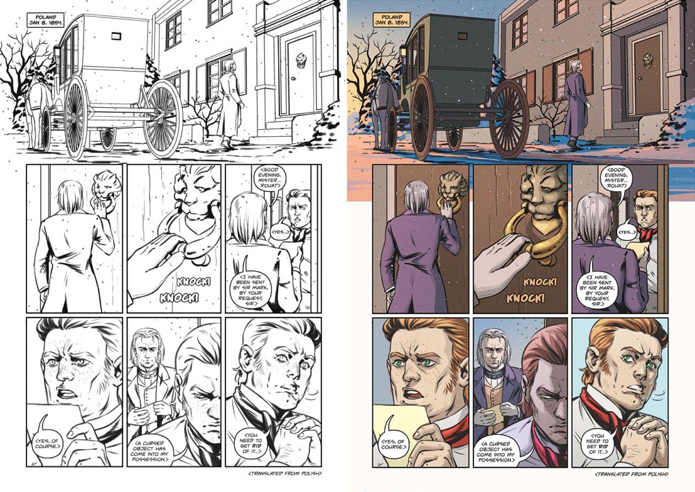 Process: thumbnail, sketch, ink/lineart and colors. 