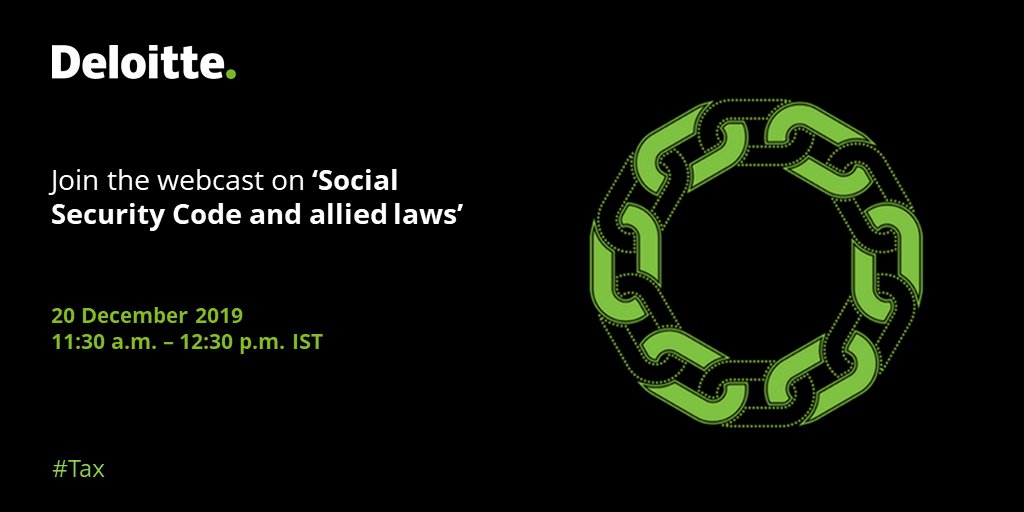 DeloitteIndia's tweet image. The session on 20 December 2019 at 11:30 a.m. will throw light on the #SocialSecurityCode and provide an overview of the other three #LabourCodes that are at various pre-legislative or enforcement stages. Register now. deloi.tt/2YUvZWt #Tax