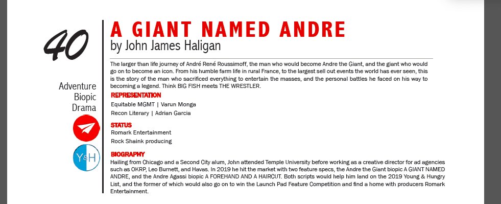 johnjhalligan's tweet photo. Happy to say my script #AGiantNamedAndre has been named one the Best Spec Scripts of the Year. #HitList2019. #screenwriting https://t.co/iWImOWFjQt