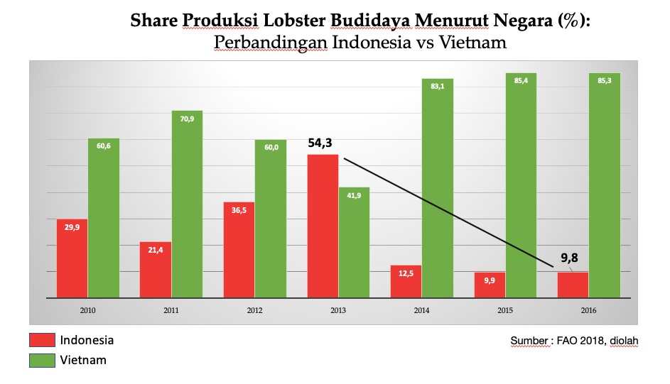 6. Share produksi lobster BUDIDAYA Kita pernah terbaik. Namun, setelah 2015 terus memburuk. Ini tak lepas karena Permen 56/2016. Mengapa? Rakyat tak saja dilarang ekspor benur. Tetapi juga dilarang mengambil benur lobster u/ BUDIDAYA. Maju kena, mundur kena! #savelobster #kkp