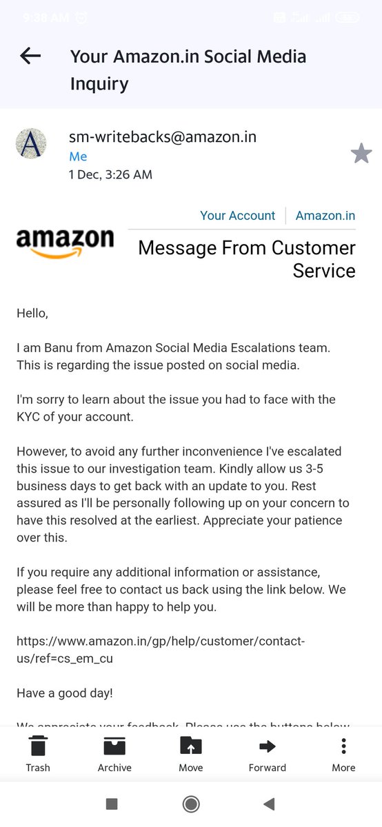 Prajeesh_Padman's tweet image. Thanks for sharing subject line. I just want to know how many hours consists of a day? As per attached email I should be getting update in 3-5 business days from dec 1st. Stillno response and what about the promise "I personally follow up".
#amazonFake