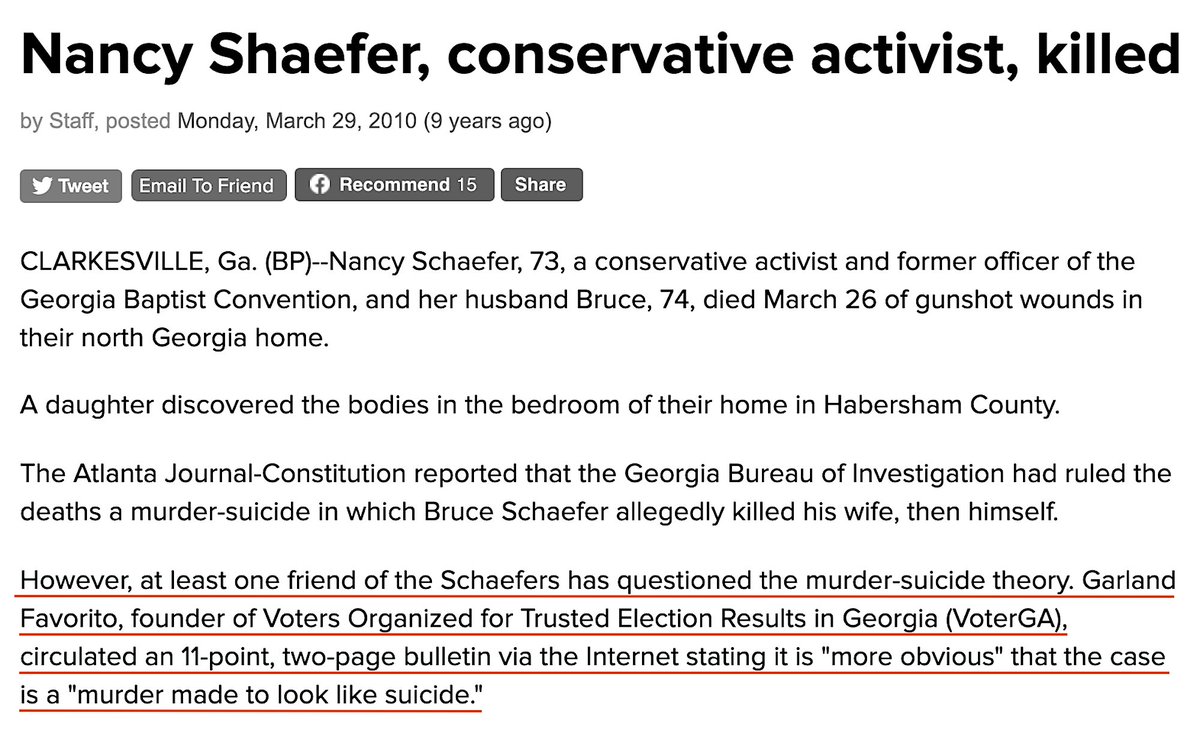 Baptist Press Did A Story On The Schaefer Deaths Containing An Interview With Garland Favorito, A Family Friend, Who Stated It Was More Obvious That The Case Is A 'Murder Made To Look Like Suicide'.Baptist Press, March 29, 2010 http://www.bpnews.net/32592/nancy-shaefer-conservative-activist-killed