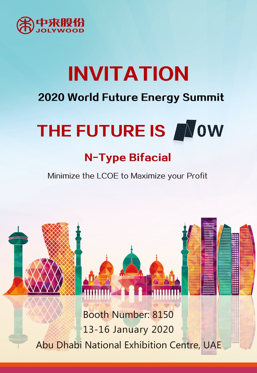 JolywoodSolar's tweet photo. Welcome to Jolywood booth at 2020 World Future Energy Summit (Booth Number 8150). https://t.co/sxJmMbB2FX