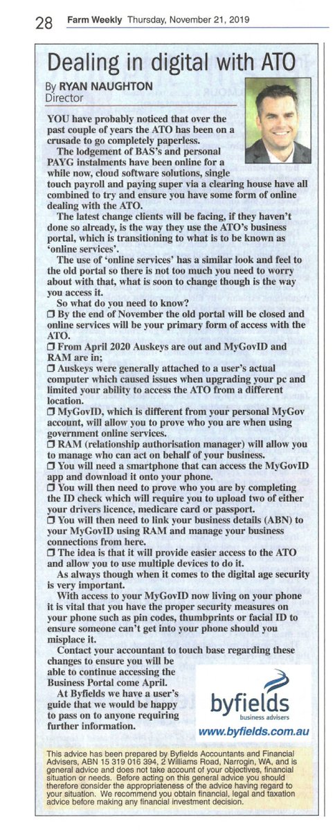 Ryan_Naughton04's tweet photo. Missed my article in the 21 November 2019 @farmweekly, find below
Highlighting recent changes on "Dealing in digital with the ATO".
Tomorrow's issue features the #byfieldsarticle by @Lea_Williams7, Superannuation Guarantee Amnesty
#ruralaustralia #farming #ruralaus #farmweekly https://t.co/fHXRATVFix