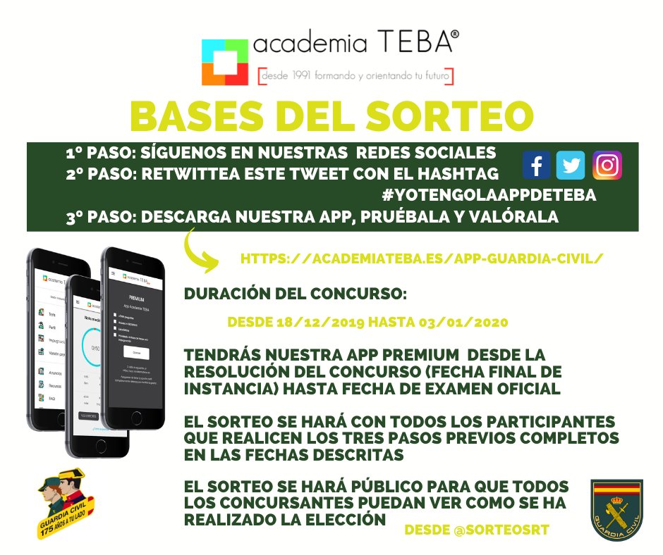AcademiaTeba's tweet photo. ¿QUIERES NUESTRA APP GRATUITA HASTA FECHA DE EXAMEN?
¡ 3 GANADORES !
*Bases del sorteo en la imagen anexa
☘️ ¡SUERTE! ☘️
#academiateba #appteba #yotengolaappdeteba #guardiacivil #oposiciones #aporla126 https://t.co/xn5fKZ6E0p