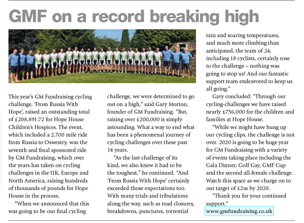 gmfundraising's tweet photo. We are thrilled to have raised £208,891.72 from our “From Russia with Hope” cycling event - thank you @GGPmag for the coverage!
What’s more, our Peak, Paddle, Pedal event is coming soon to 2020! #ForTheKids #GMFPPP 🥾🛶🚴♀️ https://t.co/UqMJmmkgkW