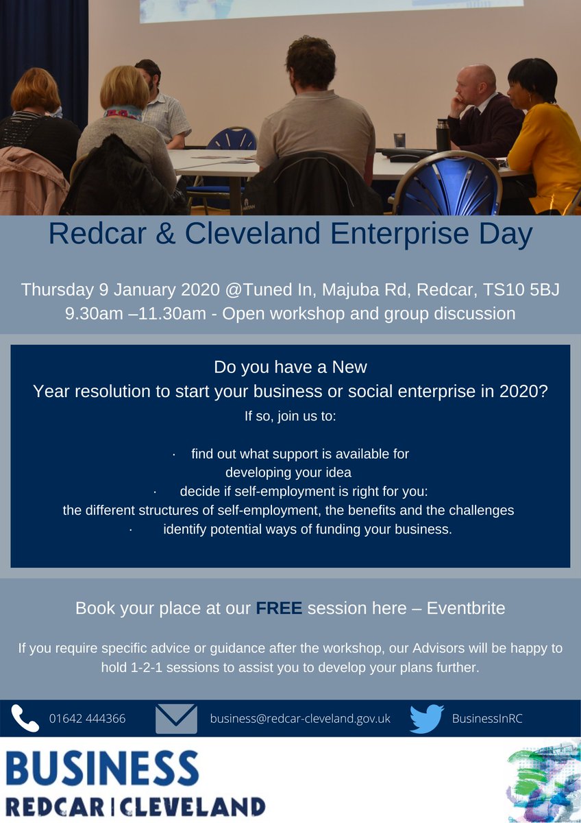 BusinessInRC's tweet photo. Are you already thinking of your New Year Resolutions? Is one of them starting your own business? Join us on the 09/01/2020 for our Redcar &amp; Cleveland Enterprise Day @_TunedIn where you can discover what support is available. To register: https://t.co/XdzzRrq0St #RedcarHour https://t.co/ZjO7qdVKJO