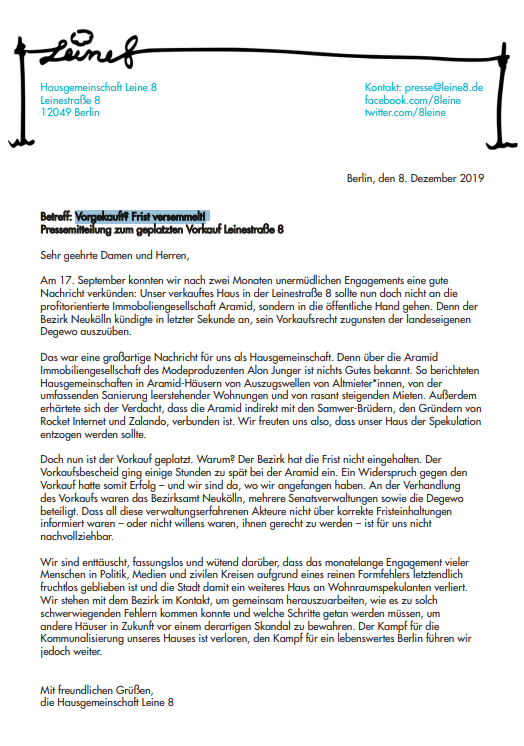 Vorgekauft? Frist versemmelt! 

Der Kampf für die Kommunalisierung unseres Hauses in der #leine8 ist verloren, den Kampf für ein lebenswertes Berlin führen wir jedoch weiter. Gegen den #mientenwahnsinn