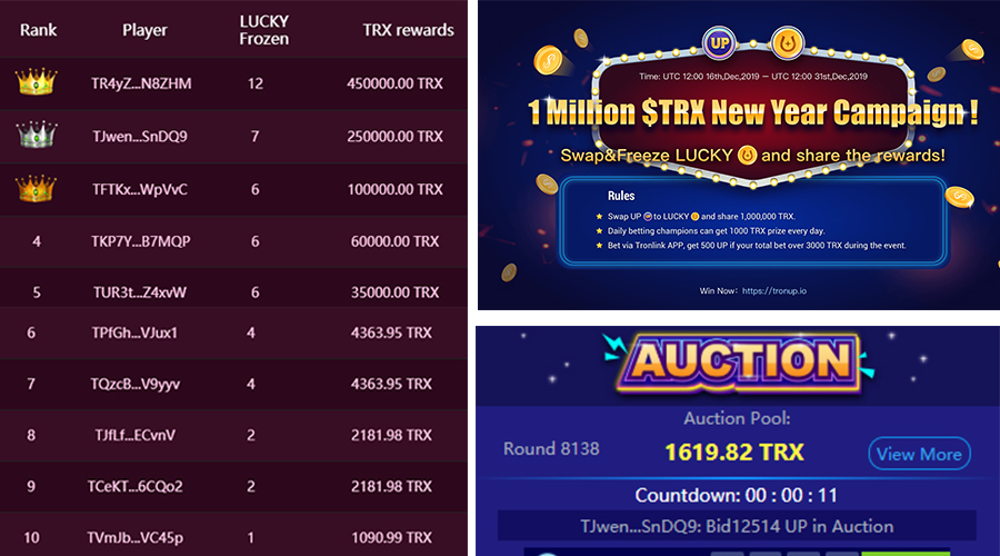 😬1 Million $TRX Campaign is going on!
🥳 A new year campaign that whale players can't miss!
💰450,000 #TRX rewards for the champion!
👏🏻LUCKY bring you huge profits and happy moment!
✨Win Now：tronup.io
Event bounty👇