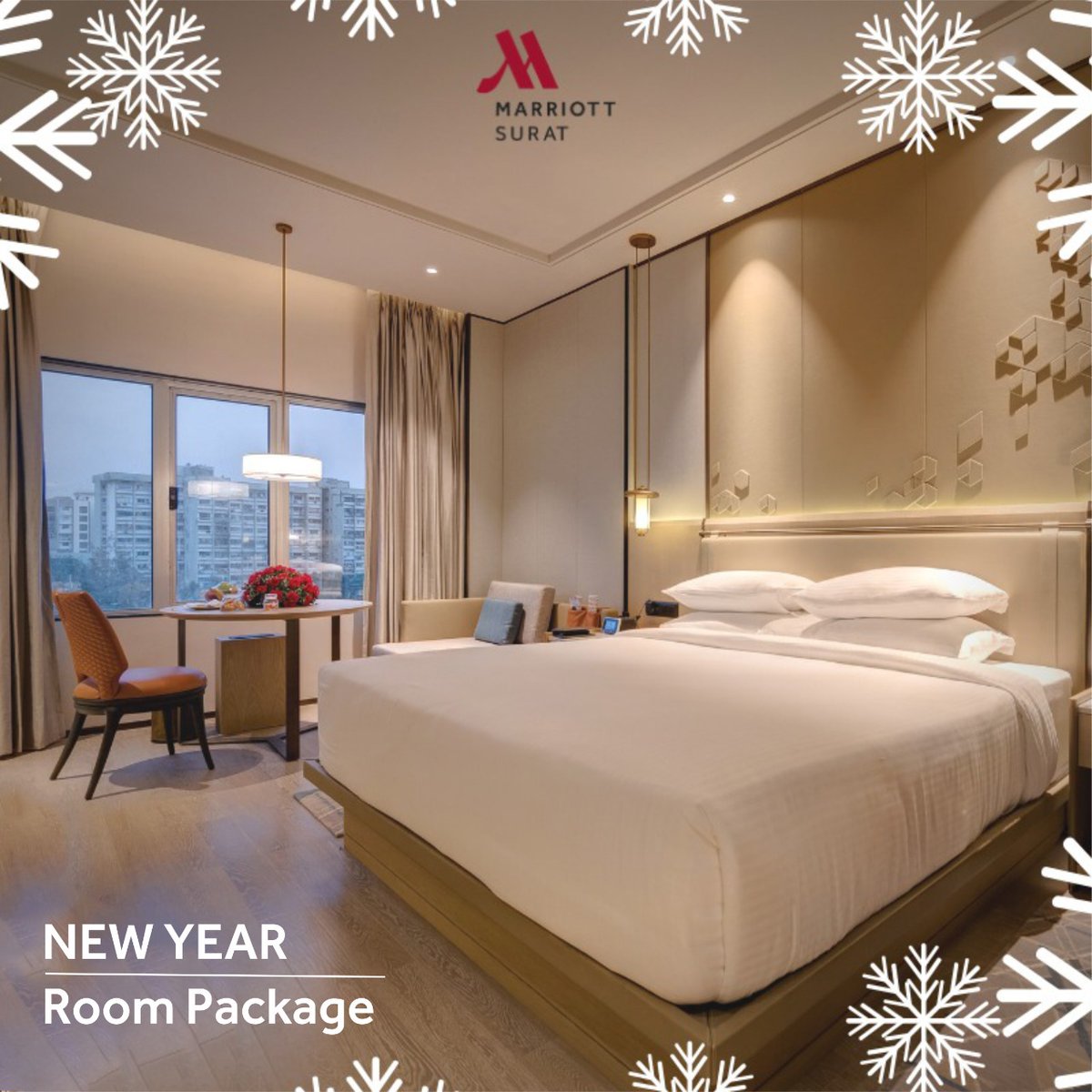 SuratMarriott's tweet photo. Welcome the New Year immersed in the merriment. Gather your loved ones for a celebratory staycation offering a luxe stay an invite to the Gala Dinner at the Ballroom and a sumptuous breakfast at Table 101 starting at INR 13000++ at Surat Marriott. For inquiries Call 0261 711 7000 https://t.co/GbHu5SANUz