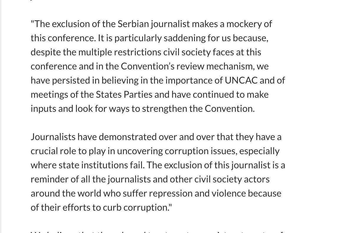 UNCAC Coalition board member Gillian Dell of <a href="/anticorruption/">Transparency International</a> at the #UNCAC #COSP8 plenary voiced the concern over the detention of <a href="/OCCRP/">Organized Crime and Corruption Reporting Project</a> reporter <a href="/StevanOCCRP/">Stevan Dojcinovic</a> at Abu Dhabi airport upon arrival to speak at the Conference.
👉Full statement: 
uncaccoalition.org/oral-statement…