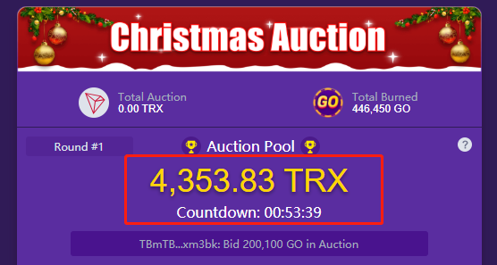 🔥230,000 $TRX Christmas Party is going on now
✨Betting Gift &amp;  🏆Auction #Bonus
💰We will send away first Christmas gift today, which worth 🤑4000 #TRX!
🧐How to obtain- Bid $GO for rewards.
⭐️Play Now:trongo.io