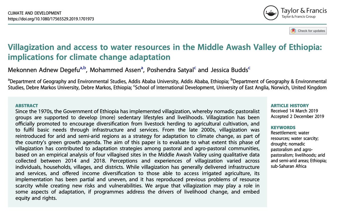 Just published in Climate and Development: our paper assesses whether and to what extent sedentarization schemes such as villagization in Ethiopia's semi-arid areas support adaptation to climate change. bit.ly/2YXoFJN <a href="/ASSARadapt/">ASSAR</a> <a href="/developmentuea/">Development UEA 🌍</a> <a href="/GEJGroup_UEA/">Global Environmental Justice Group</a> <a href="/jrb_tweets/">Dr Jessica Budds</a>