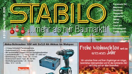 Stabilo Fachmarkt Werbeprospekt KW 51
Gültig von 18.12.2019 bis 07.01.2020

Die Angebote aus unserem neuen Werbeprospekt sind online: stabilo-fachmarkt.de/aktuelle-werbu…