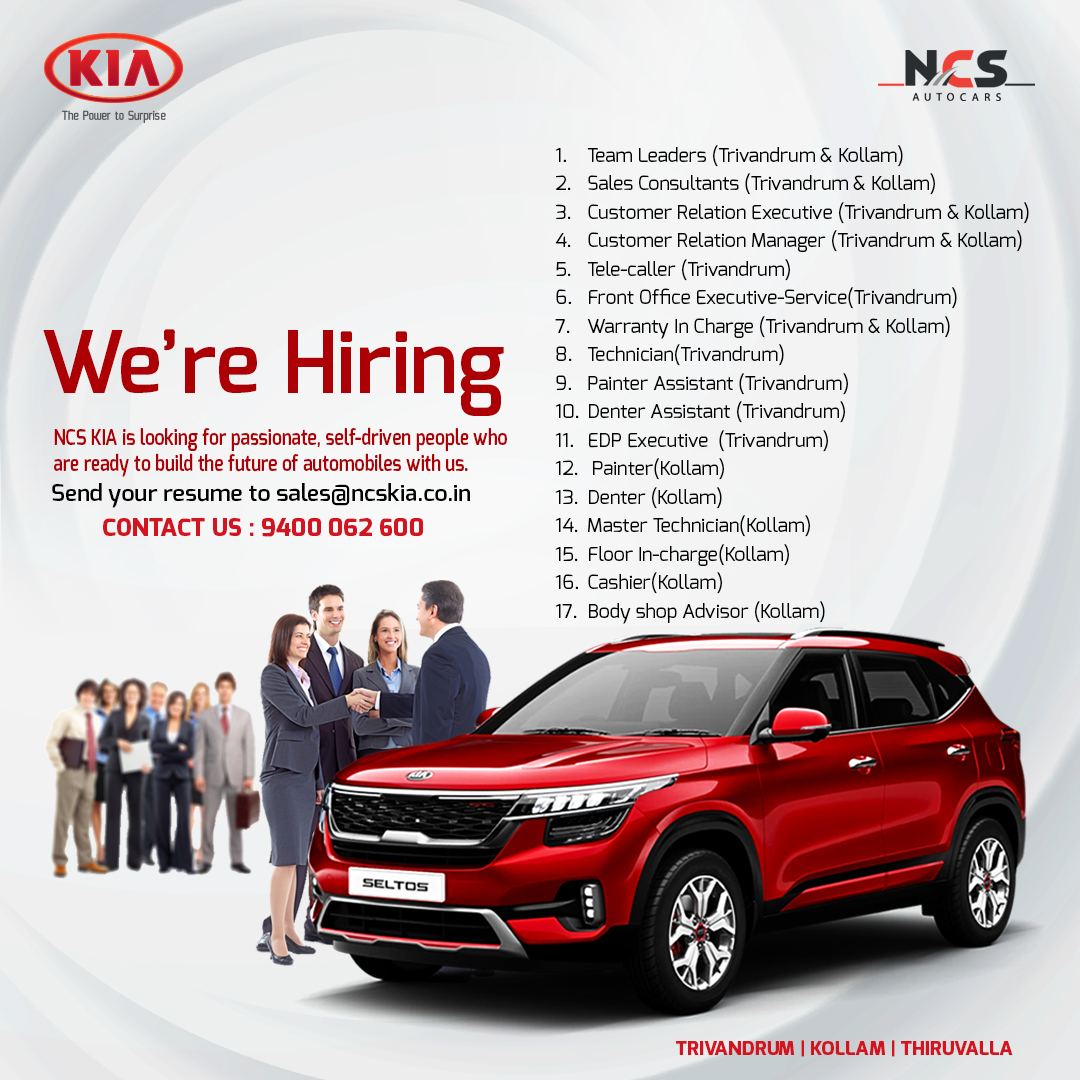 ncs_kia's tweet photo. Come Join our team &amp; explore your career in Automotive Industry.

For more details contact NCS Autocars
+91 9400062600
Send your resume to sales@ncskia.co.in
www..ncskia.co.in

#NCSKia #KiaSeltos #KiaCars #JoinOurTeam #jobs #JobsInKerala #WeAreHiring #CarsOfIndia #KiaInIndia https://t.co/cnszNXdaCH