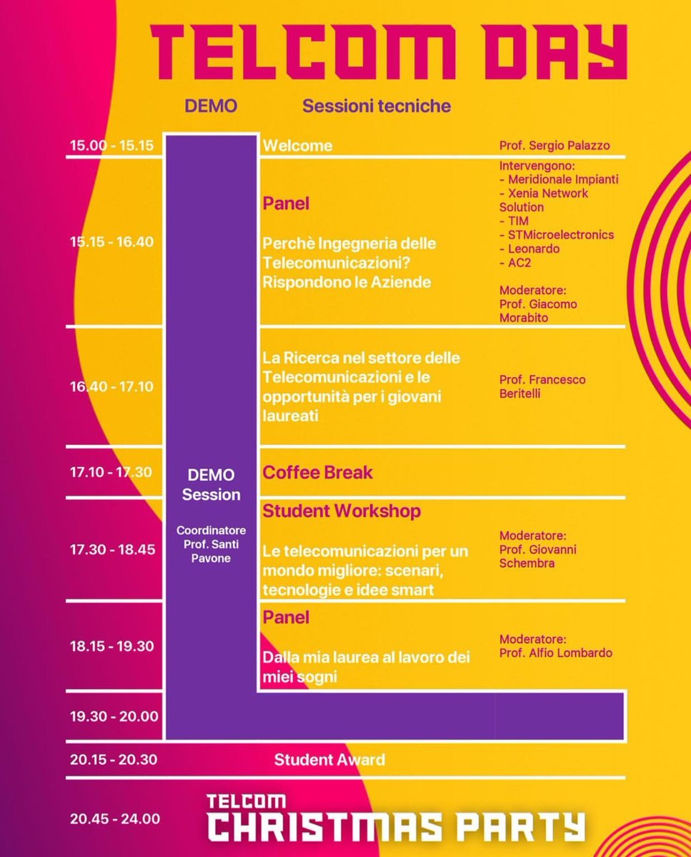 Oggi il grande evento delle telecomunicazioni a Catania. Fino alle 20. 00 la parte scientifica, e poi il concerto di Natale, con la partecipazione della Frequency Band, il nostro gruppo musicale, dei docenti di TLC