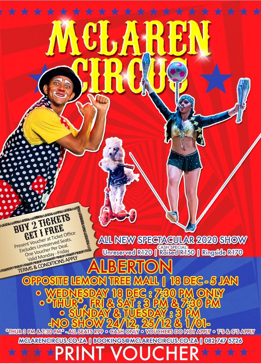 mclarenscircus's tweet photo. Following a very good run in #Johannesburg #McLarenCircus Opens in #Alberton tonight 7:30pm
#Alrode #Benoni #Boksburg #Brakpan #Germiston #JoburgSouth #Joburg #Jhb #Lenasia #Meyersdal #Newmarket #Raceview #Randhart #ReigerPark #Ekurhuleni Visit @mclarenscircus No1 real 🎪😍🤡 https://t.co/BreWfVXRQV