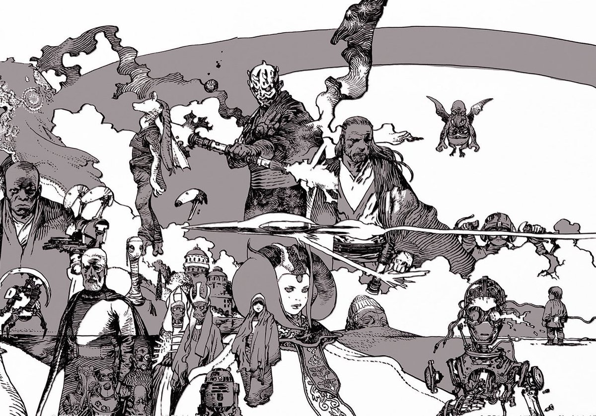 アール Ar Twitter 寺田克也氏のスターウォーズ絵巻 個人的にプリクエルのep1部分が好き アミダラが良い顔してる あとやっぱりオリジナルシリーズ部分が物凄い力入ってて 手数が多い 笑 シークエルはローズとdjの顔が 寺田克也味出てて良い