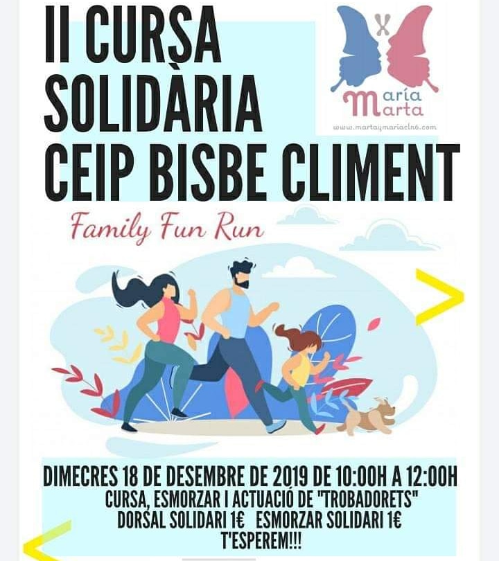 🌞BON DIA BONICURES🌞
Hui xalarem a l'escola Bisbe Climent de Castelló i ho farem per una bona causa.
La comunitat educativa del centre organitza la II Cursa Solidària C.P. Bisbe Climent a favor de Marta y María, dues germanes que necessiten la nostra ajuda.
Vos esperem!
#aXalar