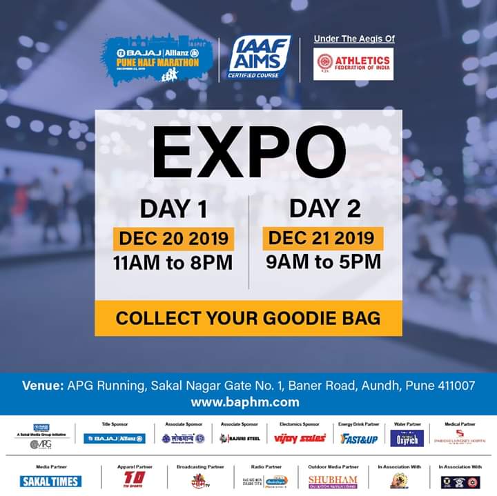 RunPHM's tweet image. Attend our Expo, where you can collect your goodie bag with running t-shirt and running bibs.
Date: 20th December'19 
Time: 11 am - 8 pm 
Venue: APG Running, Sakal Nagar, Gate no 1,Baner Road, Aundh, Pune, 411007
Date: 21st December'19 
Time: 9 am to 5 pm 
Venue: APG Running