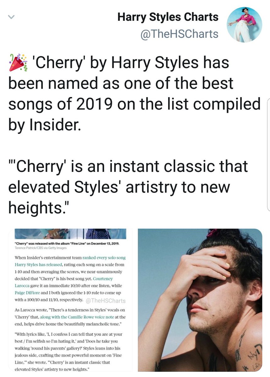 Despite not being a single, "cherry" has been named one of the best songs of the year. Harry is still #1 WW on itunes, apple music and best selling artist for the fifth day in a row. Keep streaming and appriciating his art  #fineline