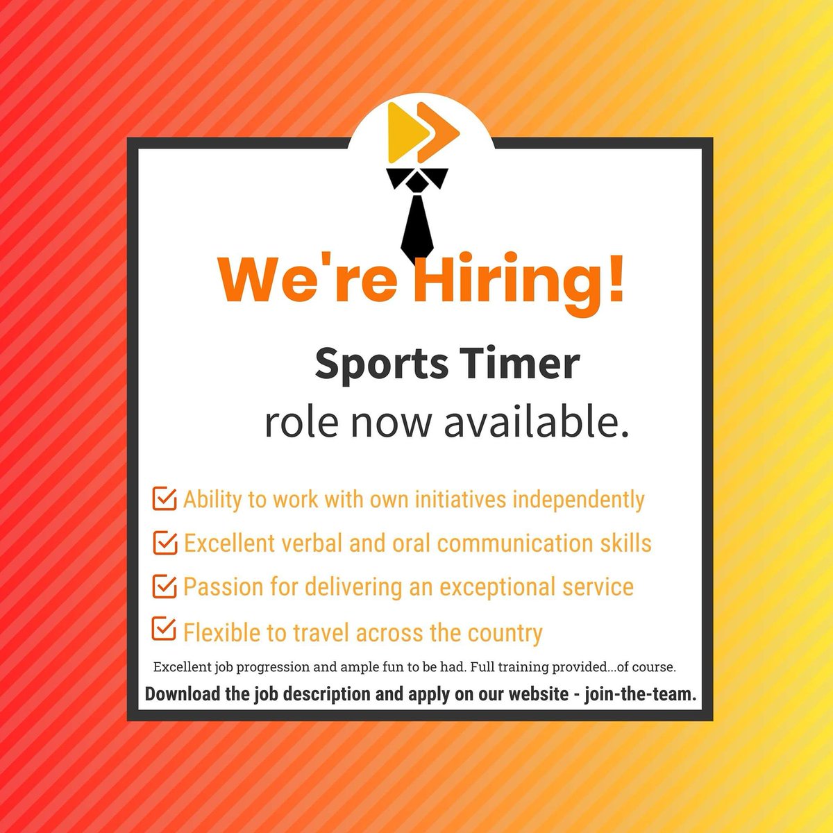 We're hiring! A fantastic new opportunity for you have an amazing opportunity to join our awesome team. Check out our 'Join The Team' on our website here: racetimingsolutions.co.uk/join-the-team or DM us to apply.

#jobvacancy #job #jobopportunity #sports #sportstimer