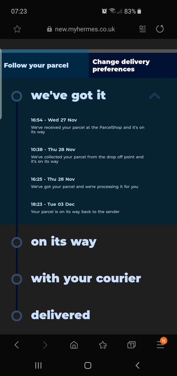 Kelly08218631's tweet photo. @UrServiceBlows @Hermesparcels I was returning an item but since Hermes still haven't delivered it back to boohoo I've since had a refund but I've just checked hermes tracking for curiosity i guess one of the drivers kept the item for they're wives then as xmas present https://t.co/PuIvPDYlz5