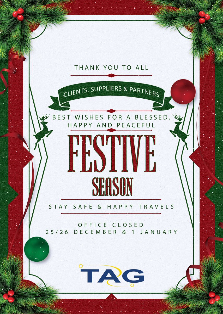 TAG Travel Assignment Group (@tagtravel_za) on Twitter photo #SeasonsGreetings <a href="/TAGTravel_Za/">TAG Travel Assignment Group</a> Team TAG wish all our clients, suppliers & partners a blessed, happy & safe festive season🌲
Thank you for your support during 2019. Refresh, renew & come back stronger.We can't wait to 'do it differently' with you in 2020. Safe Travels! #TeamTAG #SeasonsGreetings <a href="/TAGTravel_Za/">TAG Travel Assignment Group</a> Team TAG wish all our clients, suppliers & partners a blessed, happy & safe festive season🌲
Thank you for your support during 2019. Refresh, renew & come back stronger.We can't wait to 'do it differently' with you in 2020. Safe Travels! #TeamTAG