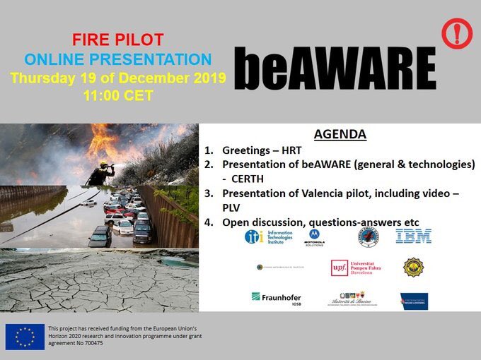 Dear Emergency managers and First-line practitioners,
The online presentation of the <a href="/beAWARE_H2020/">beAWARE Project</a> system applied to the Valencia´s fire pilot will take place tomorrow. 
Join us on Thursday at 11:00h: zoom.us/j/332314336