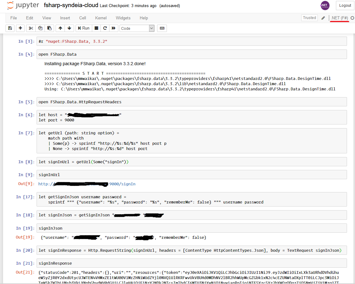 mmwaikar's tweet photo. It was such a joy to use #FSharp in #Jupyter notebook - calling @syndeia cloud API using https://t.co/xjYpaASmXo and #JsonProvider - F# rocks. https://t.co/EXmjldRBID