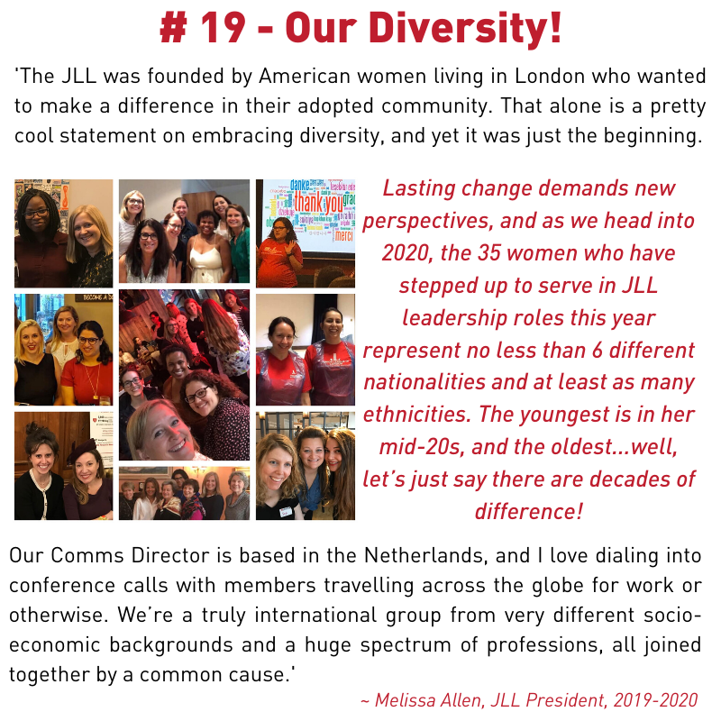 JrLeagueLondon's tweet photo. #35CheersFor35YearsofJLL 🤗🎉🇬🇧Reason 19: Our Diversity! "Lasting change demands new perspectives..."
-
#ThisJLLCan #Happy35thJLL #jrleaguelondon #joinjrleaguelondon #juniorleague #leadership #civicleaders #London #community #JLLcatalysts4Change #cheer https://t.co/NGgTkypcjr