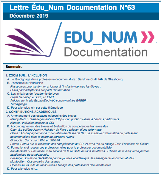DOC_edu_num's tweet photo. [Publication] La Lettre @Edu_Num Documentation n° 6⃣3⃣ consacrée à #ÉcoleInclusive #Numérique et #profdoc est en ligne. Retrouvez un témoignage #profdoc de @CurtiSandrine, des ressources et des scénarios, et 10 contributions relayées par les académies. https://t.co/It3sIAZKAs https://t.co/u7i0GlqAlf